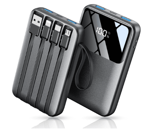 Portable power bank with built-in charging cables and a digital battery display showing 100%.