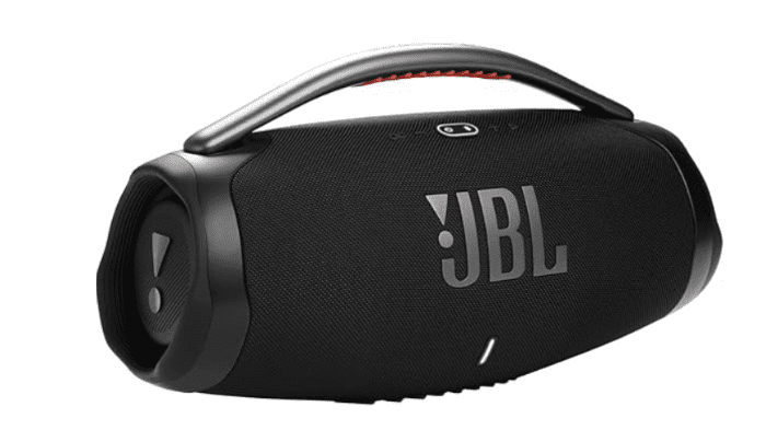 Black portable Bluetooth speaker with a handle and large “JBL” logo.