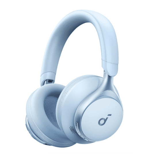 Light blue over-ear wireless headphones on a white background.