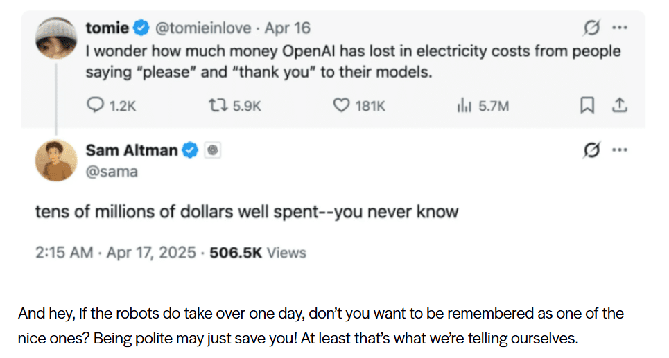 Screenshot of a social post asking about AI electricity costs for “please” and “thank you,” with a reply calling it well spent.