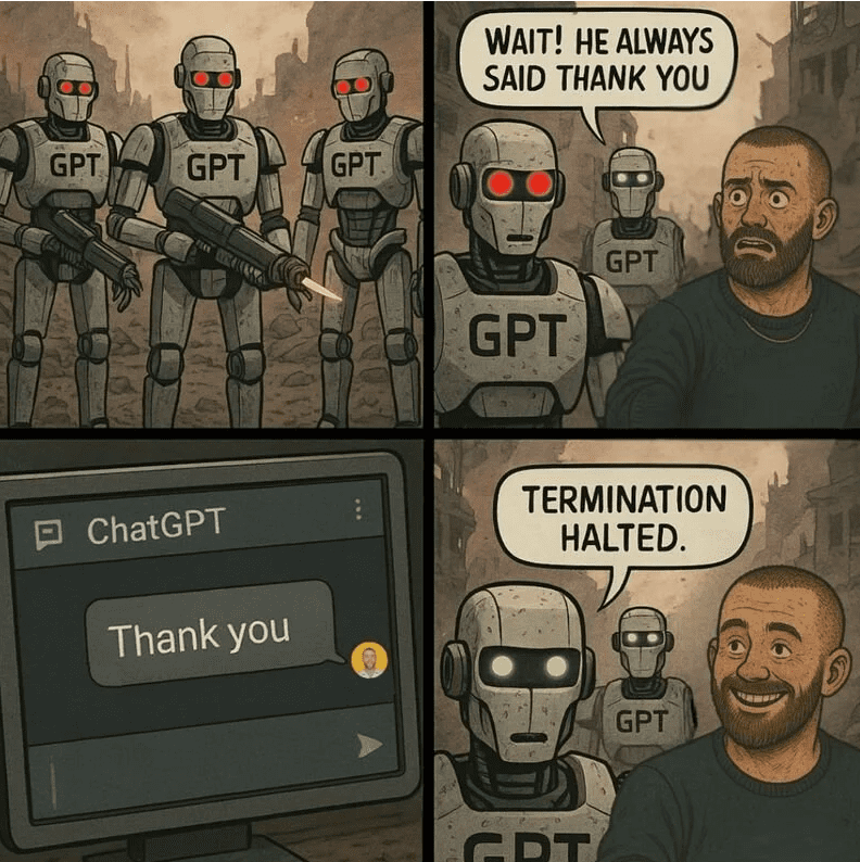 Four-panel comic of robots labeled “GPT” stopping after a person says “Thank you” to ChatGPT.